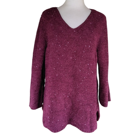 Chico's Chenille Shine V-Neck Pullover Wine Color Sequin Detail Size 2 Large - Picture 2 of 9